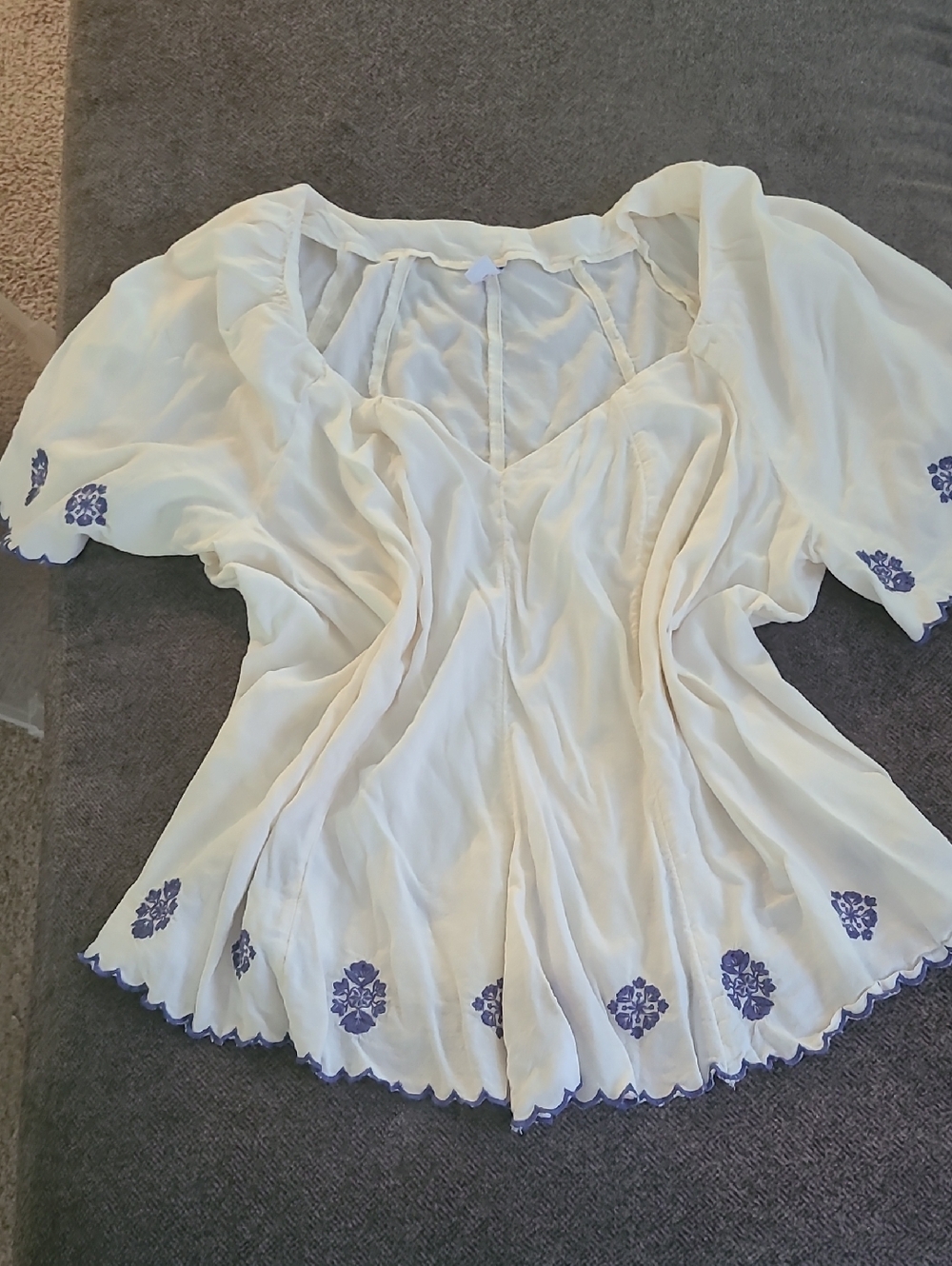 Old Navy Cream V-Neck Flutter Sleeve Blouse with Blue Embroidered Floral Trim